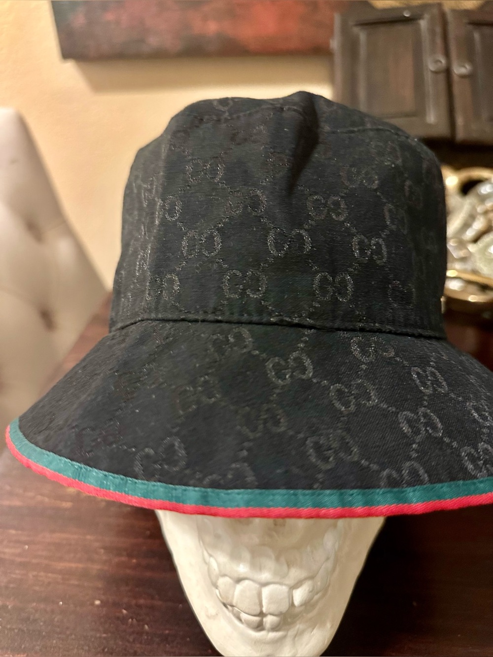 Designer Black GG Monogram Bucket Hat with Red and Green Trim
